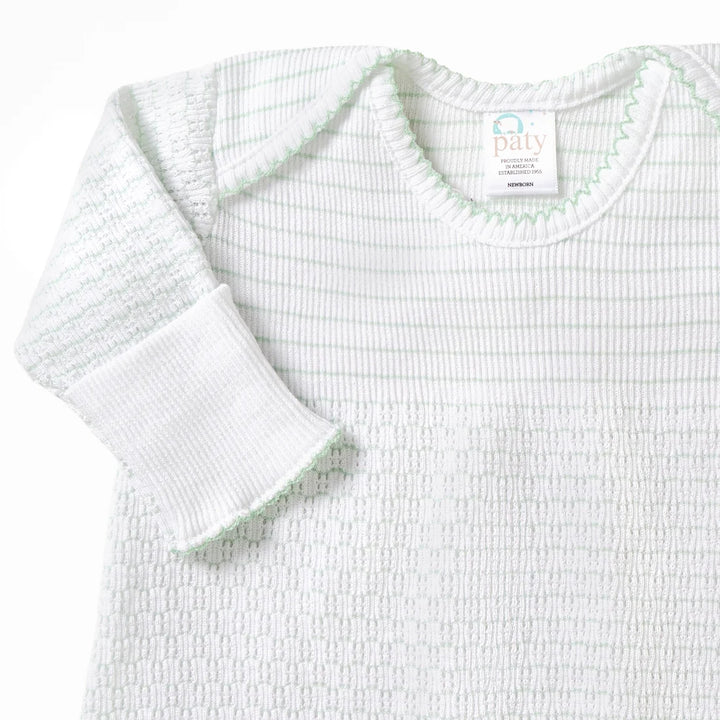 PATY KNIT MINT PINSTRIPE OVERLAP SHOULDER GOWN WITH BOW