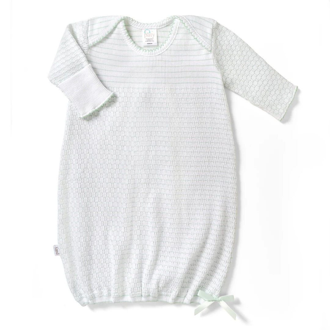 PATY KNIT MINT PINSTRIPE OVERLAP SHOULDER GOWN WITH BOW