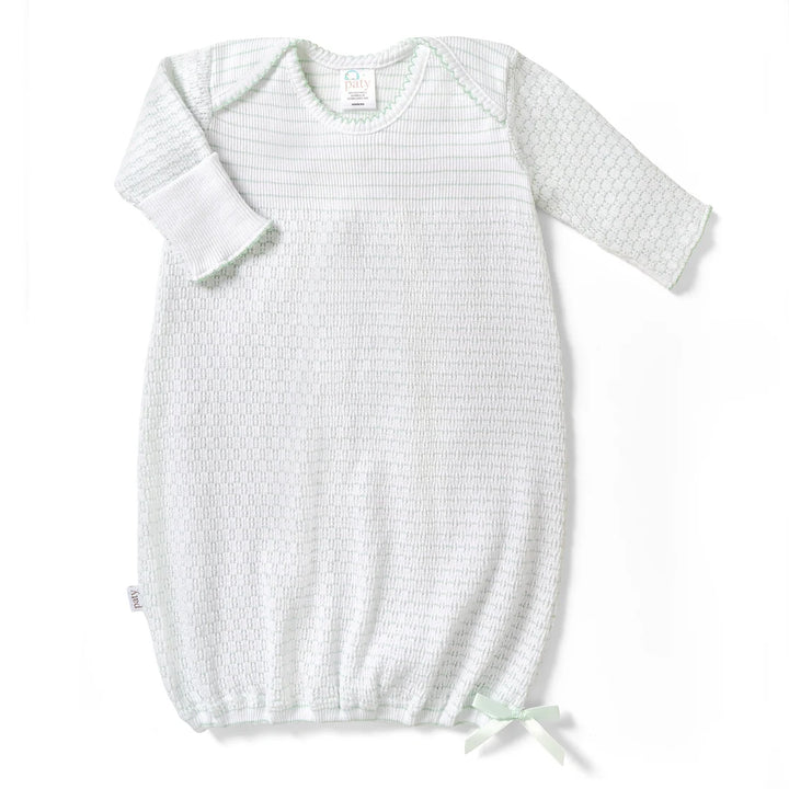 PATY KNIT MINT PINSTRIPE OVERLAP SHOULDER GOWN WITH BOW