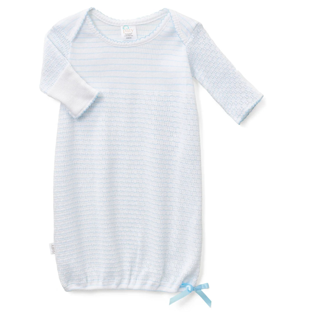 PATY KNIT BLUE PINSTRIPE OVERLAP SHOULDER GOWN WITH BOW