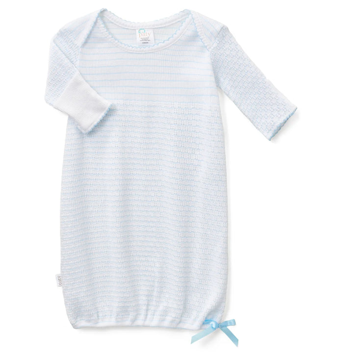 PATY KNIT BLUE PINSTRIPE OVERLAP SHOULDER GOWN WITH BOW