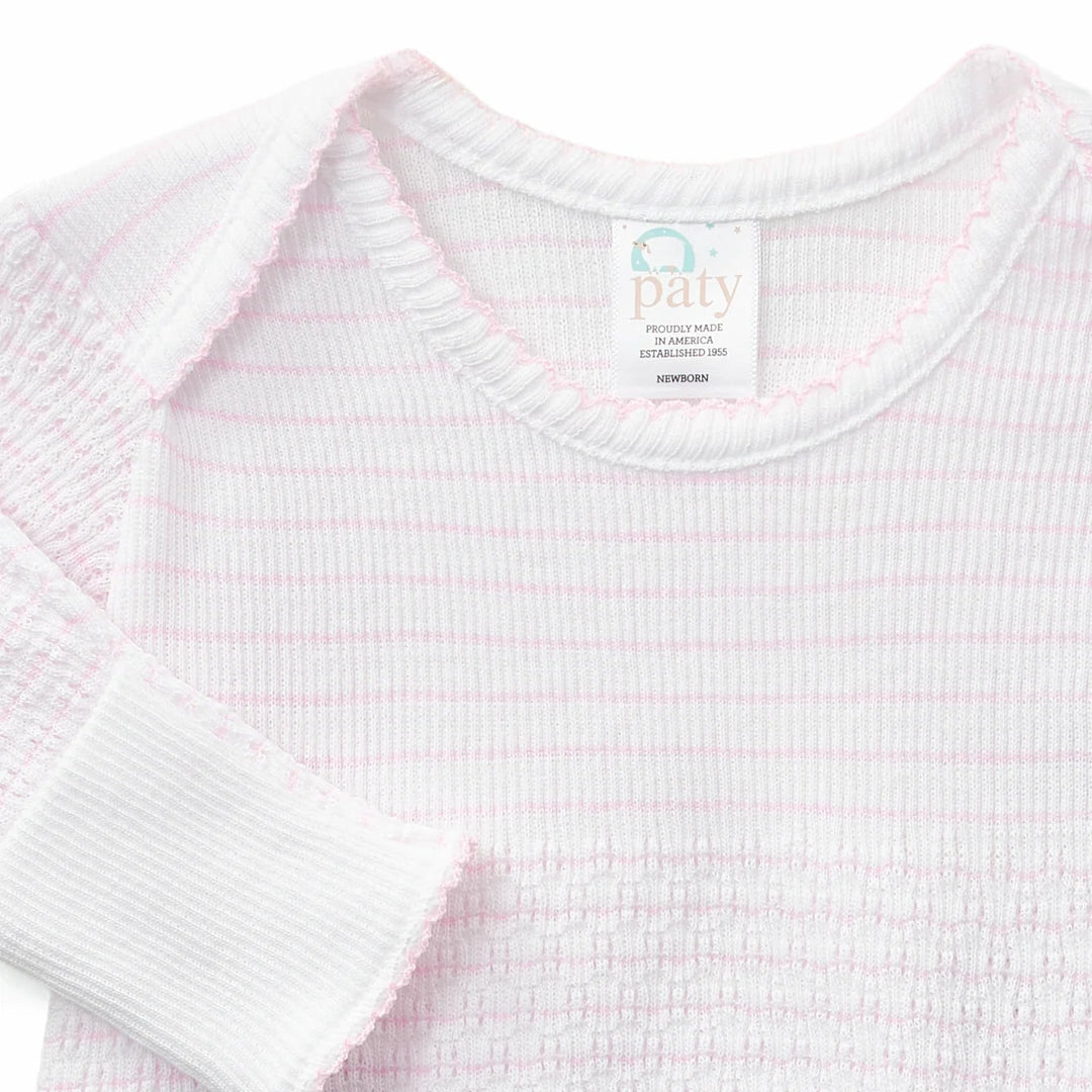 PATY KNIT PINK PINSTRIPE OVERLAP SHOULDER GOWN WITH BOW