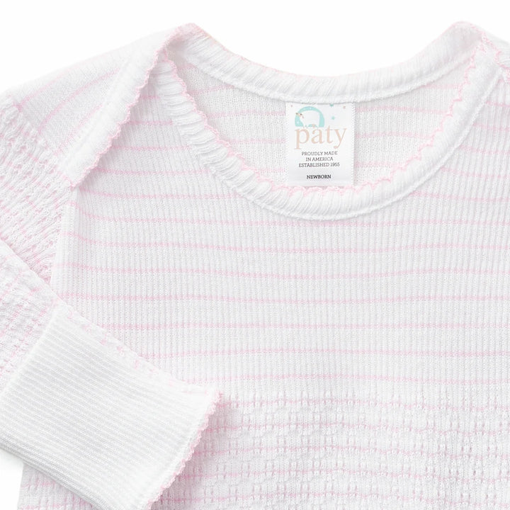 PATY KNIT PINK PINSTRIPE OVERLAP SHOULDER GOWN WITH BOW