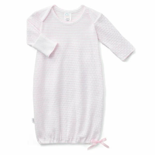 PATY KNIT PINK PINSTRIPE OVERLAP SHOULDER GOWN WITH BOW