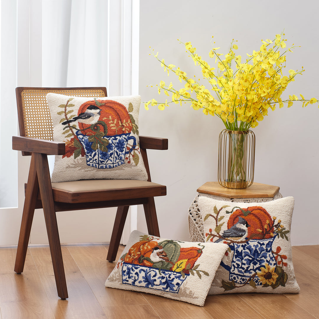 FALL BIRDS WITH TEACUPS HOOK PILLOW