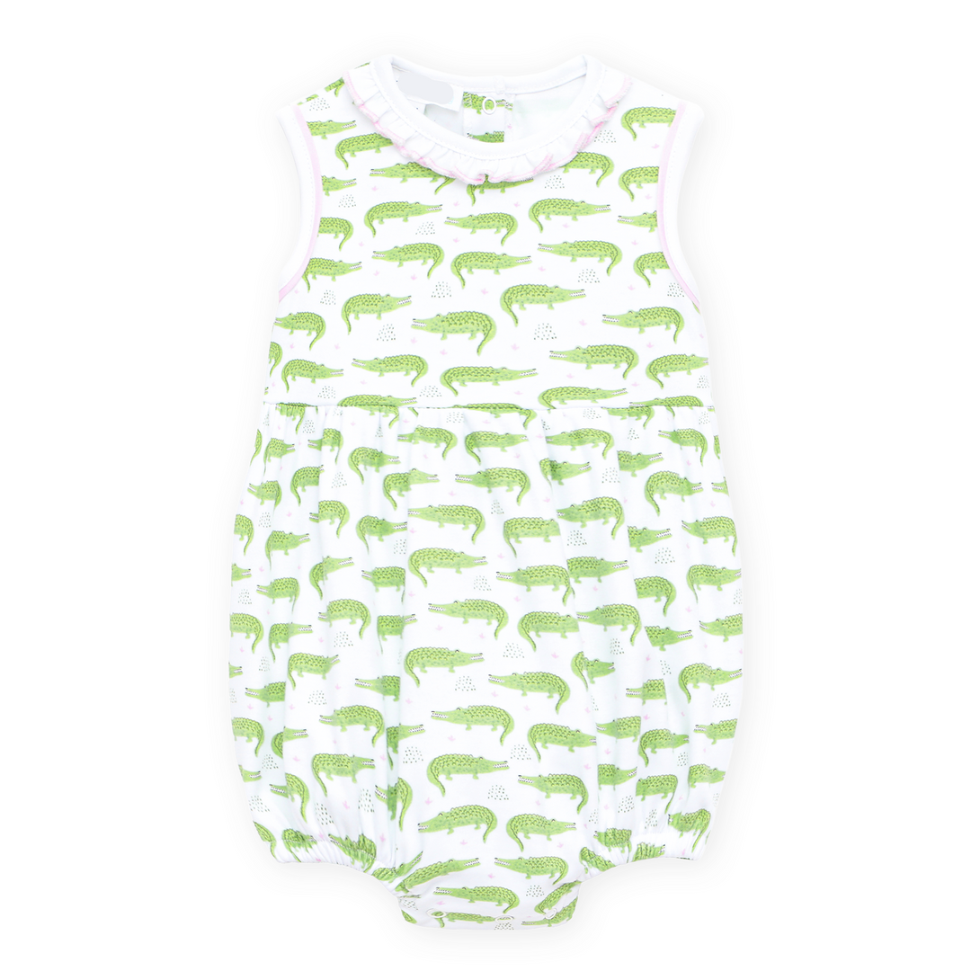 Allover Bayou Baby alligator print in soft green baby girl bubble
