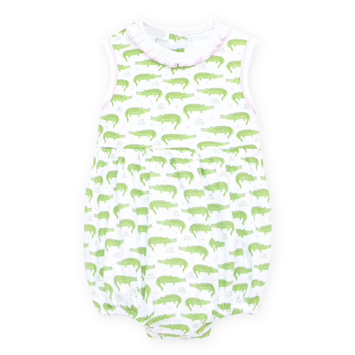 Allover Bayou Baby alligator print in soft green baby girl bubble