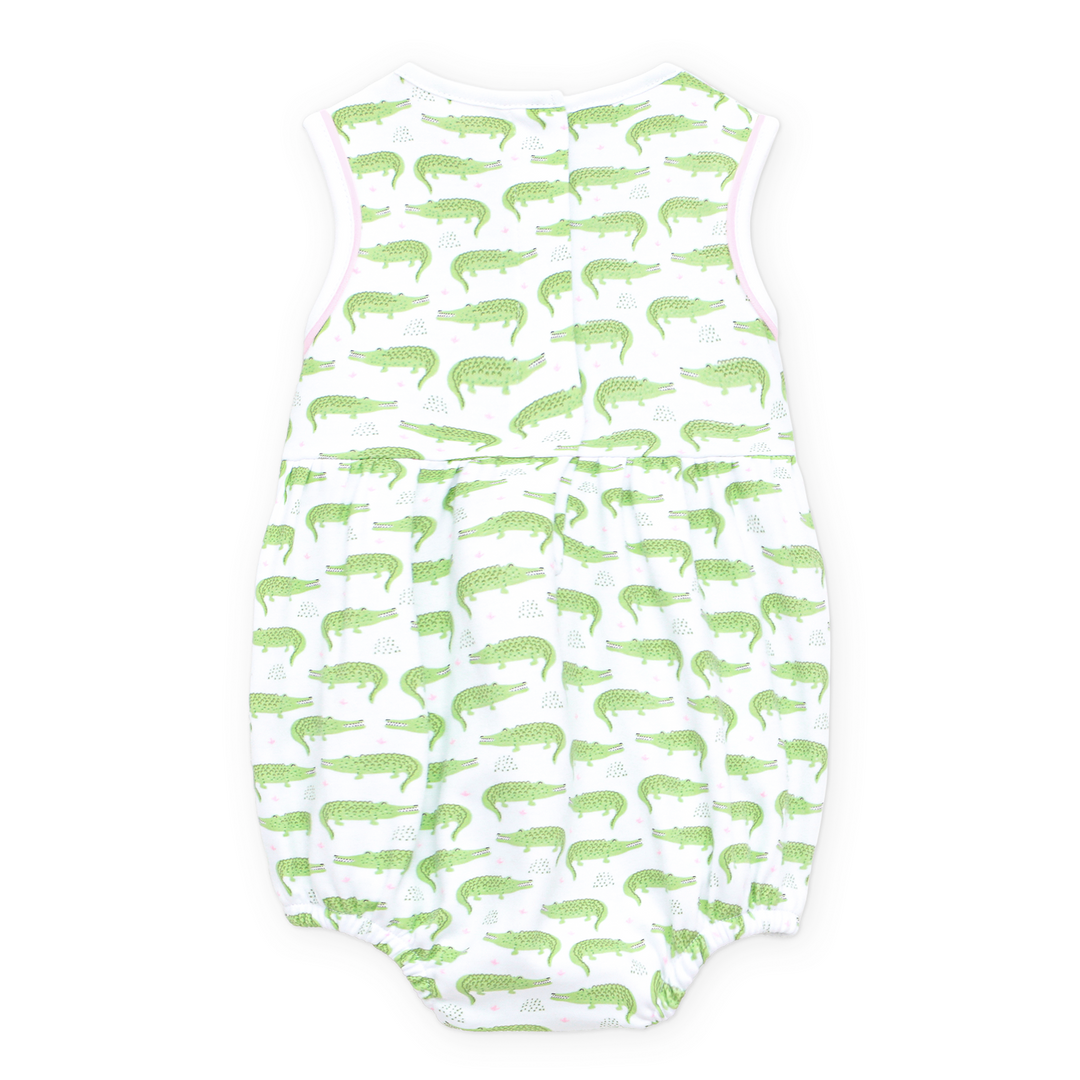 Allover Bayou Baby alligator print in soft green baby girl bubble