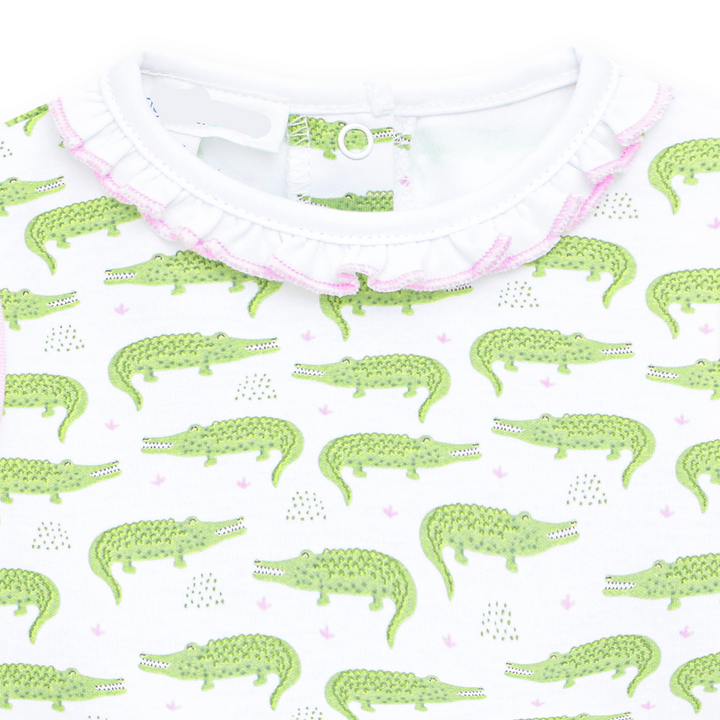 Allover Bayou Baby alligator print in soft green baby girl bubble