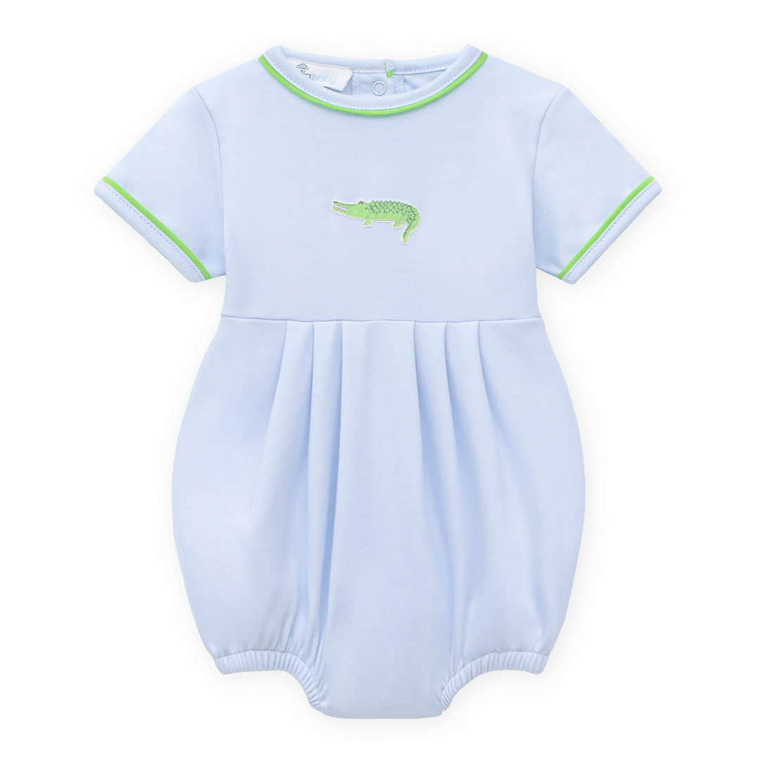 LIGHT BLUE BOYS BUBBLE WITH GREEN TRIM AND EMBROIDERED ALLIGATOR ON CHEST