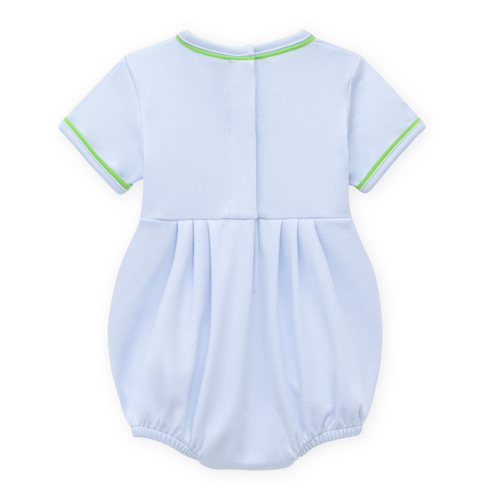 LIGHT BLUE BOYS BUBBLE WITH GREEN TRIM ON WHITE BAKGROUND
