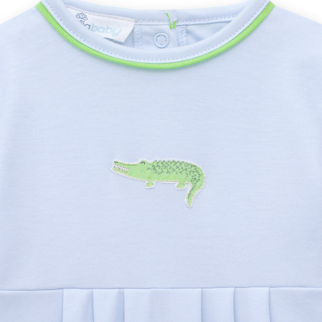 LIGHT BLUE BOYS BUBBLE WITH GREEN TRIM AND EMBROIDERED ALLIGATOR ON CHEST