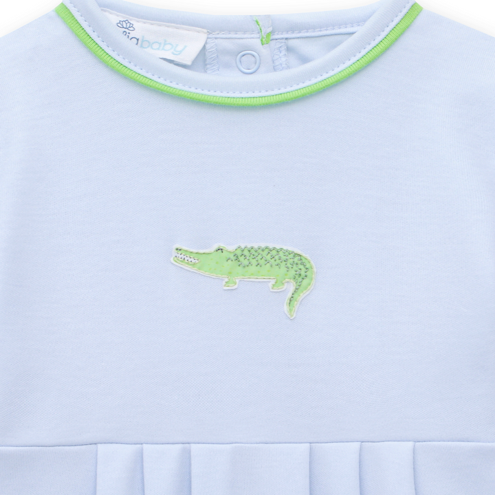 LIGHT BLUE BOYS BUBBLE WITH GREEN TRIM AND EMBROIDERED ALLIGATOR ON CHEST