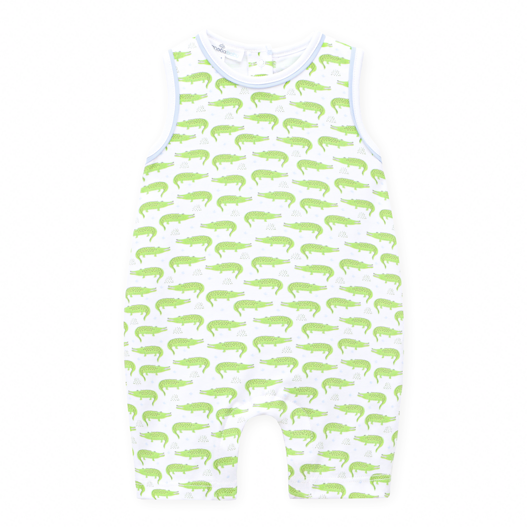 Boys playsuit in Allover Bayou Baby alligator print in soft green