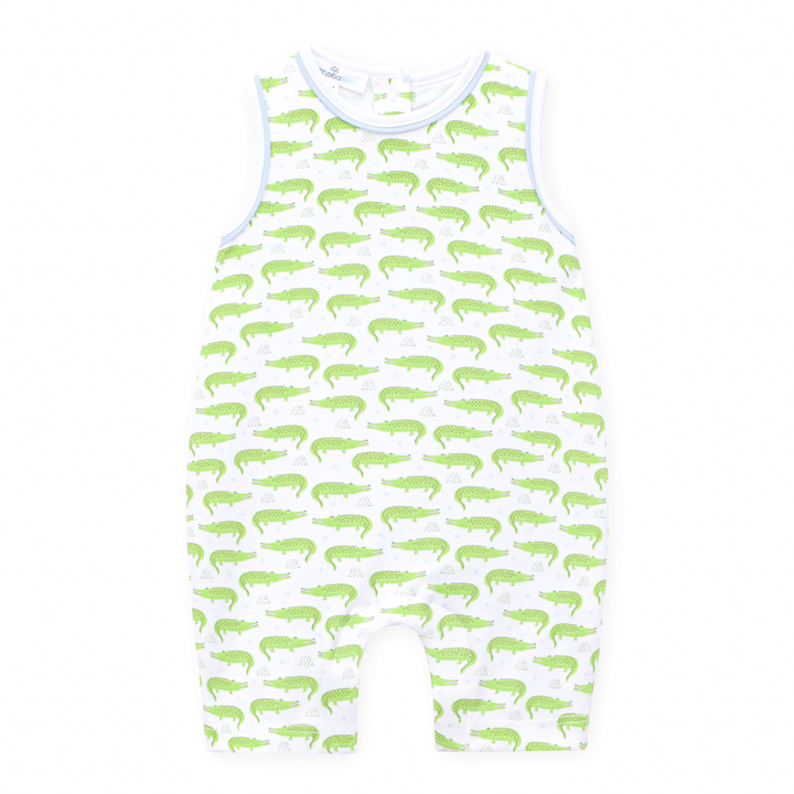 Boys playsuit in Allover Bayou Baby alligator print in soft green