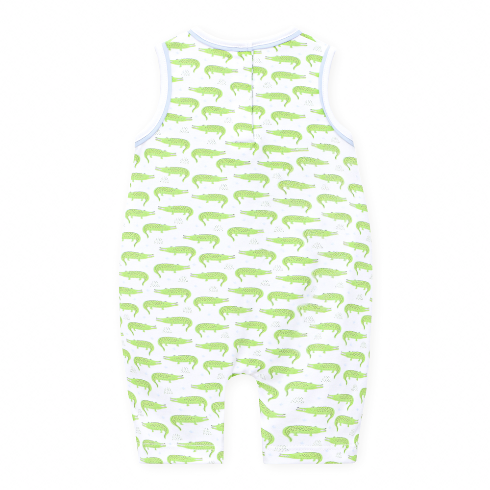 Boys playsuit in Allover Bayou Baby alligator print in soft green sleeveless