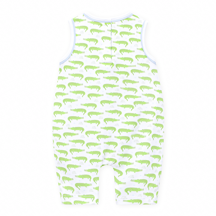 Boys playsuit in Allover Bayou Baby alligator print in soft green sleeveless