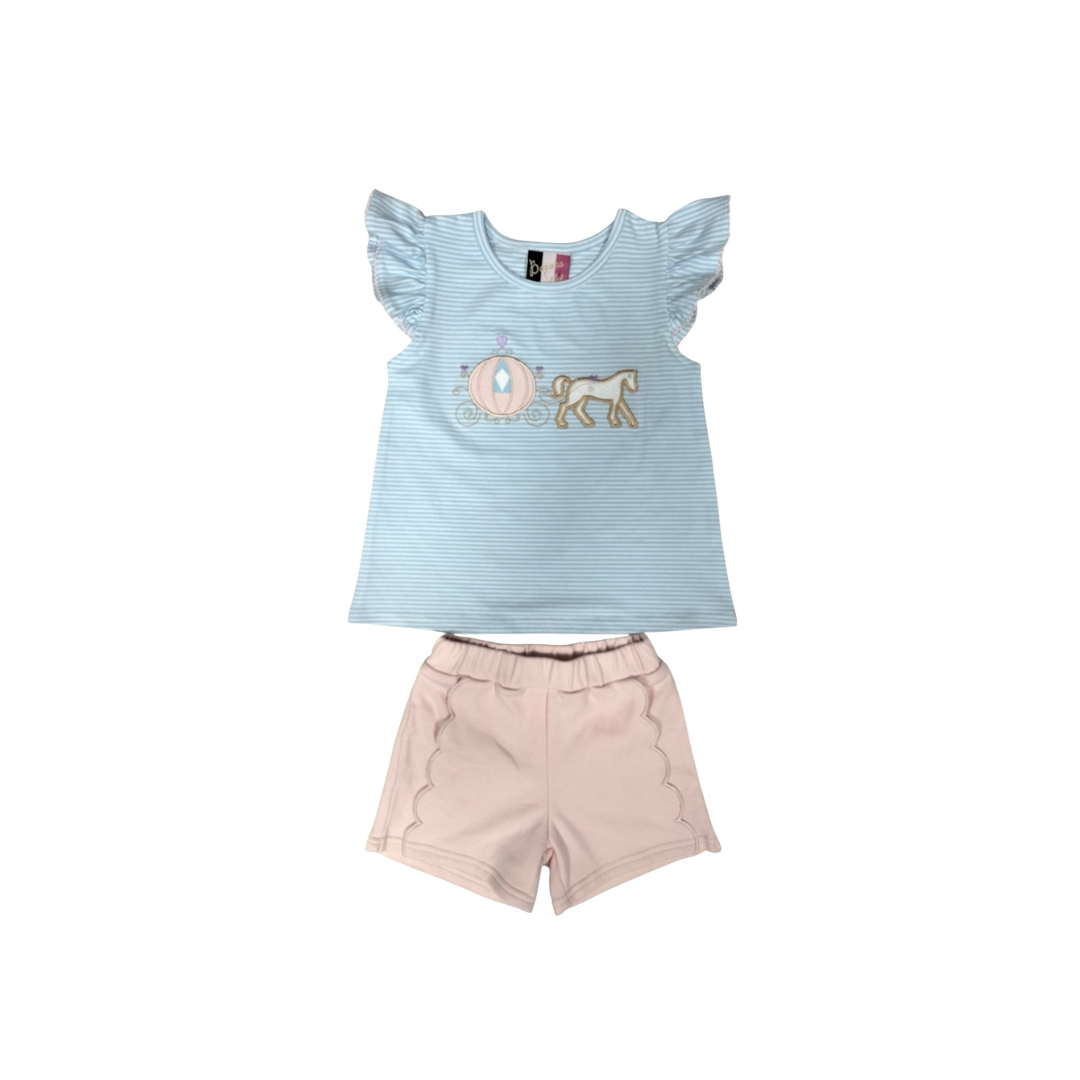 BLUE ROYAL CARRIAGE APPLIQUE ANGEL SLEEVE SCALLOPED SHORT SET WITH PINNK SHORTS