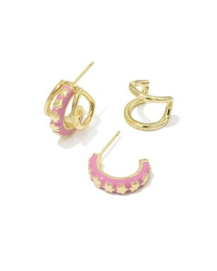 JANE HUGGIE EARRINGS, GOLD DARK PINK ENAMEL