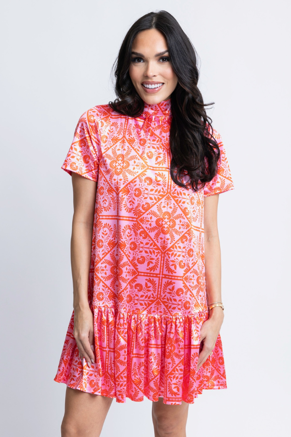 KARLIE: PINK FLORAL MOCK TIE BACK RUFFLE BOTTOM DRESS