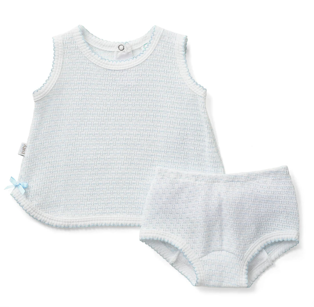 PATY KNIT BLUE PINSTRIPE SLEEVELESS DIAPER SET WITH BOWS