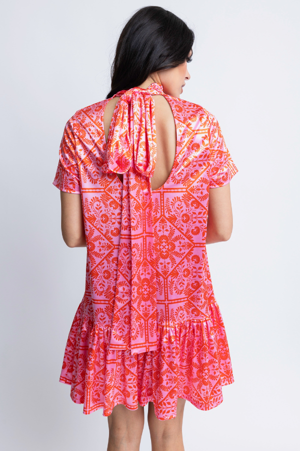 KARLIE: PINK FLORAL MOCK TIE BACK RUFFLE BOTTOM DRESS