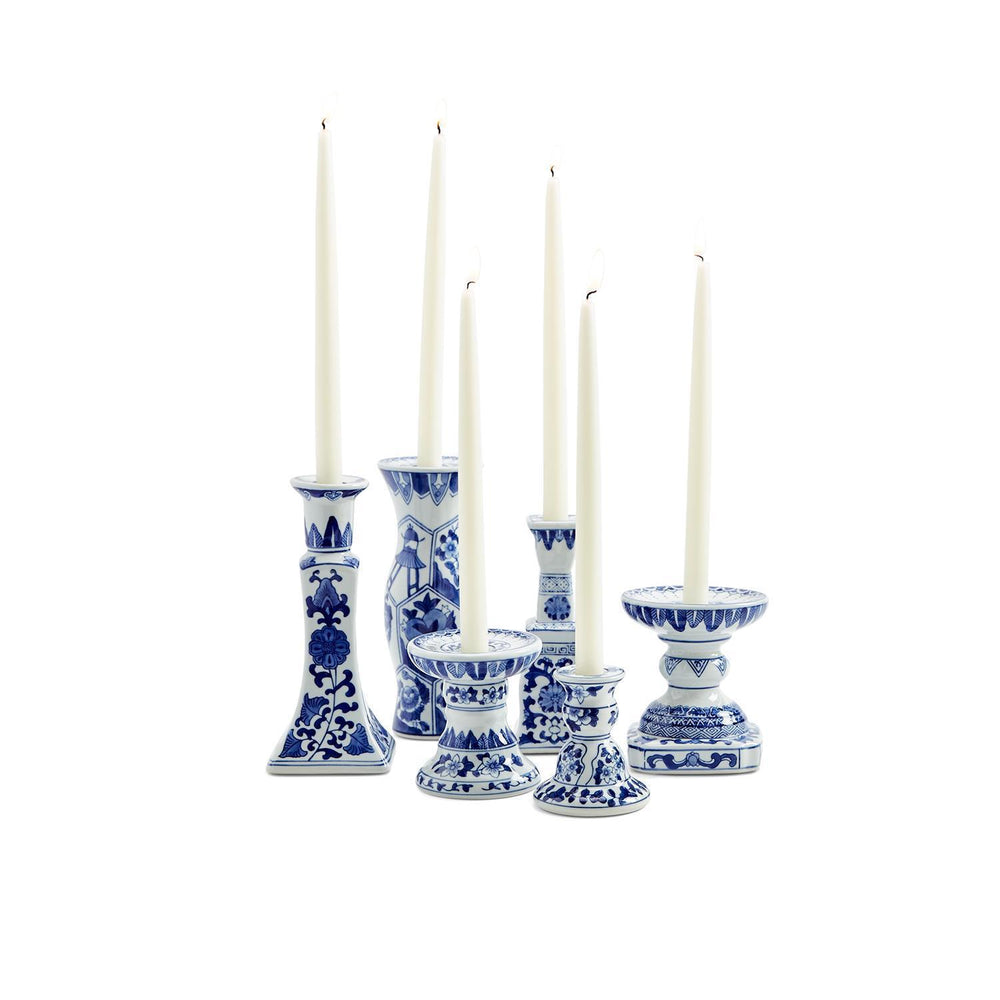 blue & white candlesticks with taper candles
