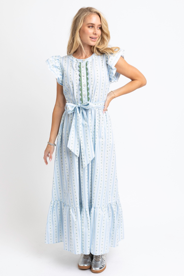 KARLIE: BLUE FLORAL STRIPE RIC RAC TRIM MAXI DRESS