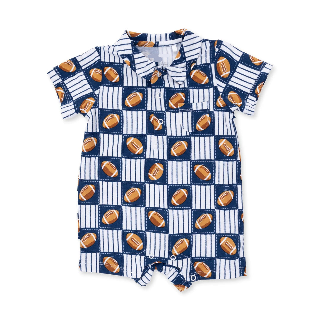 Angel Dear Football Patchwork Polo Shortie front view of the baby romper highlighting the silhouette and football patchwork design