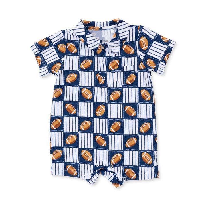 Angel Dear Football Patchwork Polo Shortie front view of the baby romper highlighting the silhouette and football patchwork design