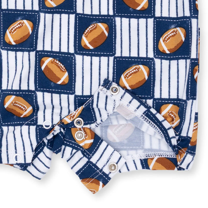 Angel Dear Football Patchwork Polo Shortie alternate view of the baby romper showing the football patchwork design and coordinating trim