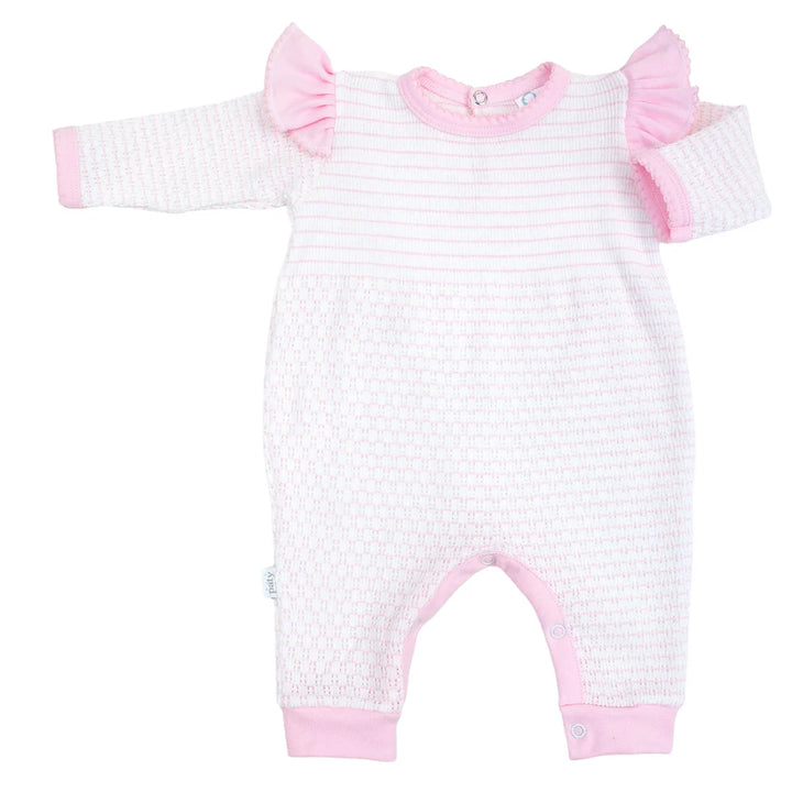 PATY KNIT PINK PINSTRIPE LONG SLEEVE RUFFLE SHOULDER ROMPER
