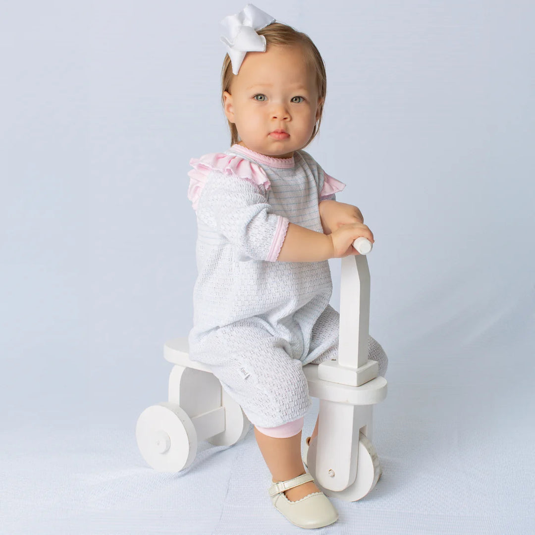 PATY KNIT PINK PINSTRIPE LONG SLEEVE RUFFLE SHOULDER ROMPER