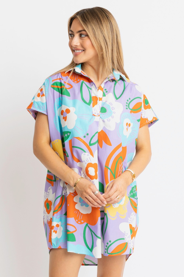 KARLIE: PURPLE ARTIST FLORAL SIGNATURE VNECK COLLAR DRESS