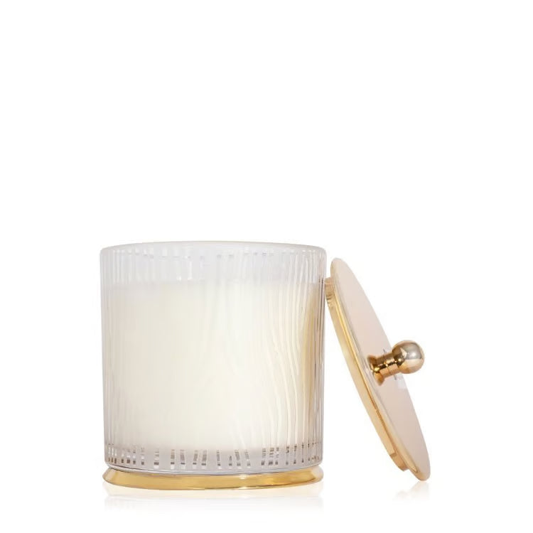 Large Frasier Fir frosted wood grain candle with gold accents