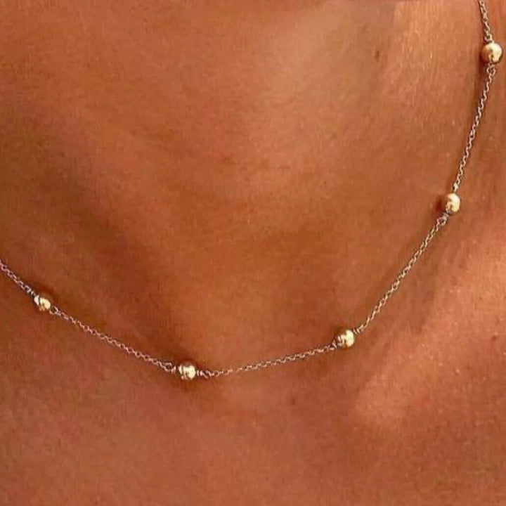 Made with a 14kt gold-filled chain and 4mm 14kt gold-filled beads
Length: 15" on model