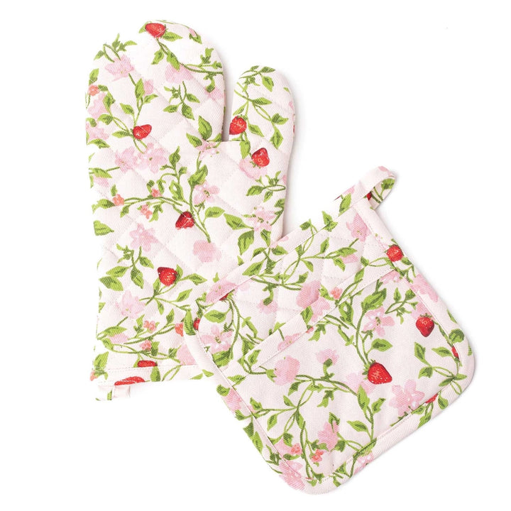 Floral oven mitt and pot holder set on a white background