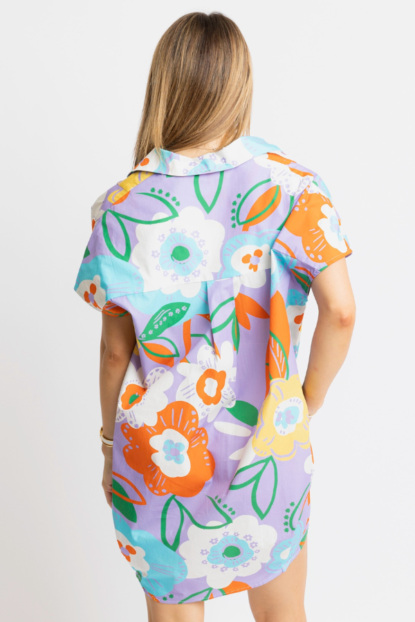 KARLIE: PURPLE ARTIST FLORAL SIGNATURE VNECK COLLAR DRESS