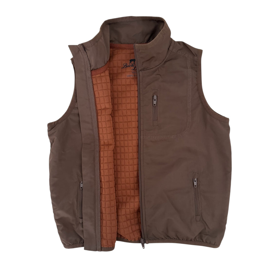 Bark brown boys Wyatt zip-front vest with quilted lining and utility pockets