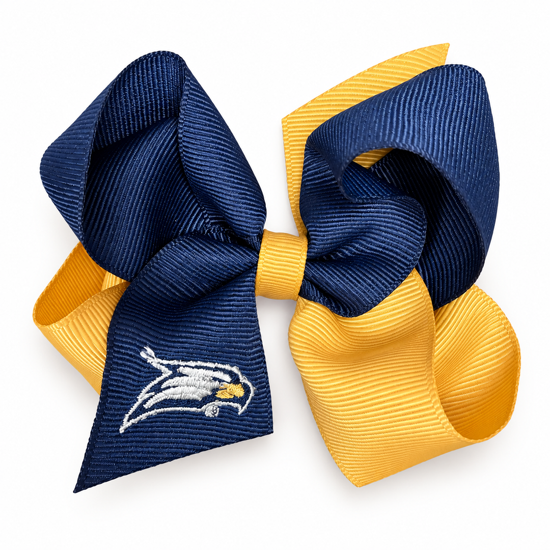 Georgia Southern Eagles navy and gold grosgrain hair bow with embroidered eagle logo. | Walker Boutique