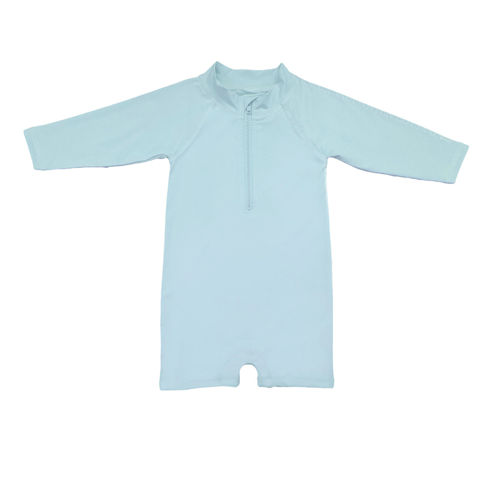 Light blue baby romper with long sleeves on a white background