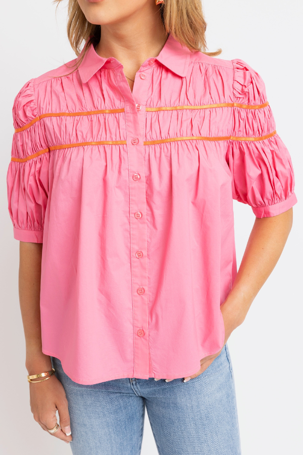 KARLIE: BUBBLEGUM CONTRAST TRIM POPLIN TOP