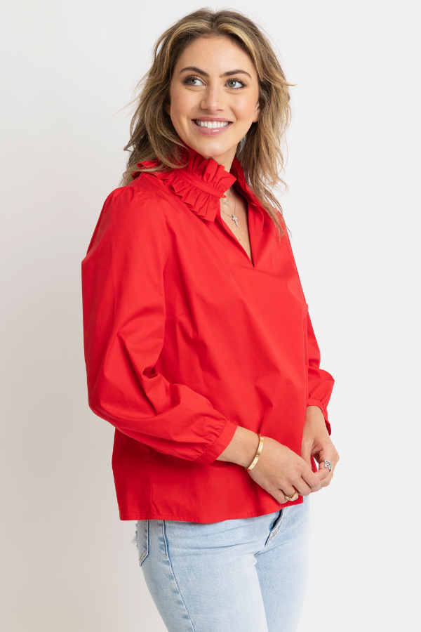 KARLIE: RED POPLIN RUFFLE NECK TOP