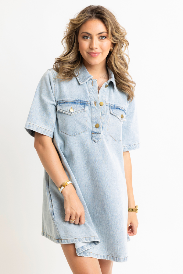 KARLIE: BLUE DENIM POCKET SWING SHIRT DRESS