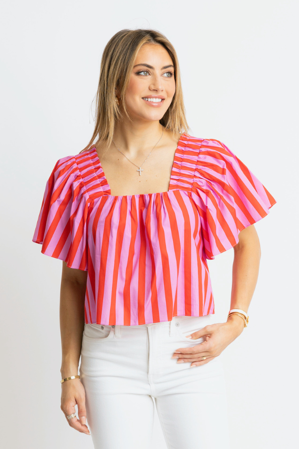 KARLIE: PINK & RED STRIPE SQUARE NECK TOP