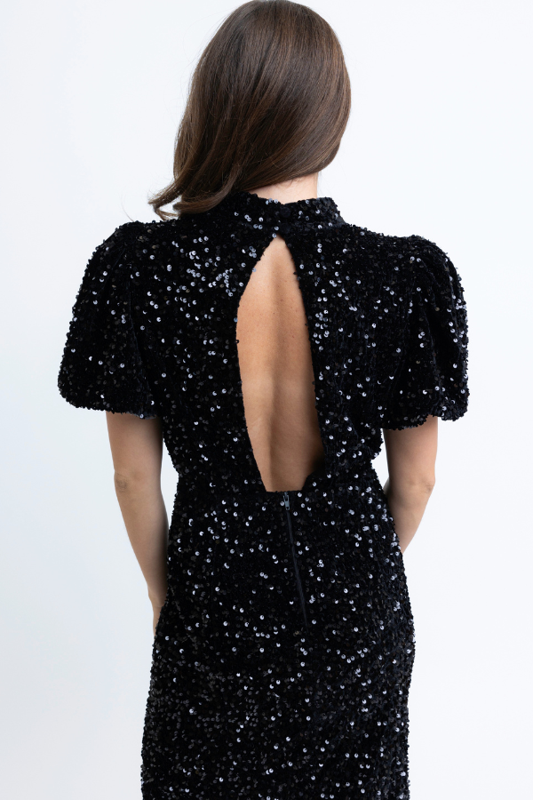 KARLIE: BLACK SEQUIN PUFF SLEEVE MOCK NECK DRESS