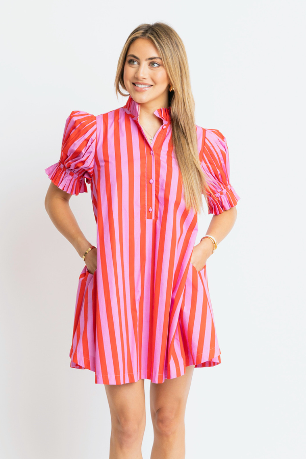 KARLIE: RED & PINK STRIPE BUTTON PUFF SLEEVE DRESS