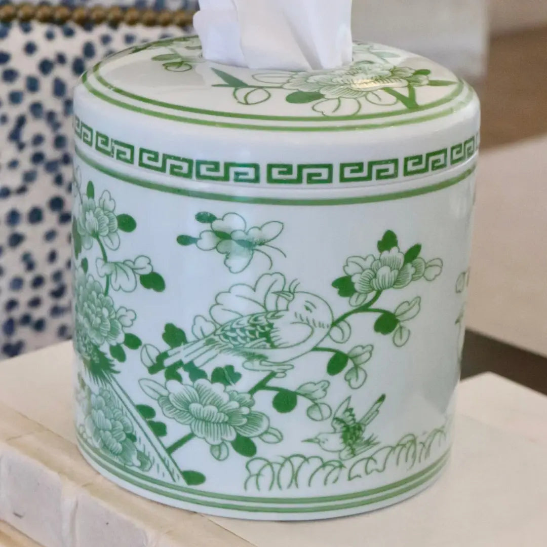 GREEN CHINOISERIE Ceramic re-fillable tissue vessel 
