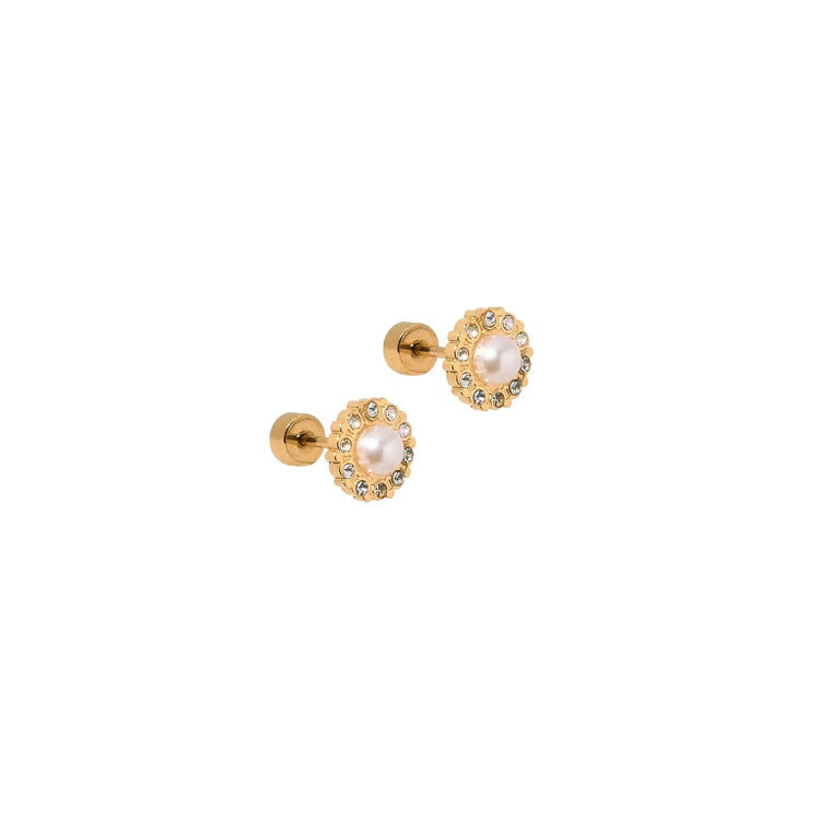 Linny Co Margaret pearl screwback stud earrings framed by clear crystals in gold settings