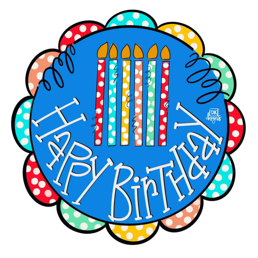 Happy Birthday wooden door hanger with blue background, colorful polka dot scalloped edge, striped candles, and playful lettering, birthday party door decor | Walker Boutique